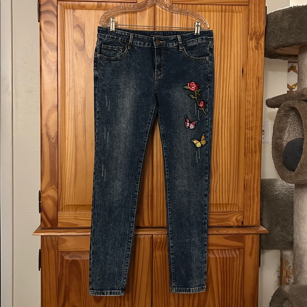 Rue21 Dark Blue Mid-rise Jeans with Floral and Butterfly Embroidery